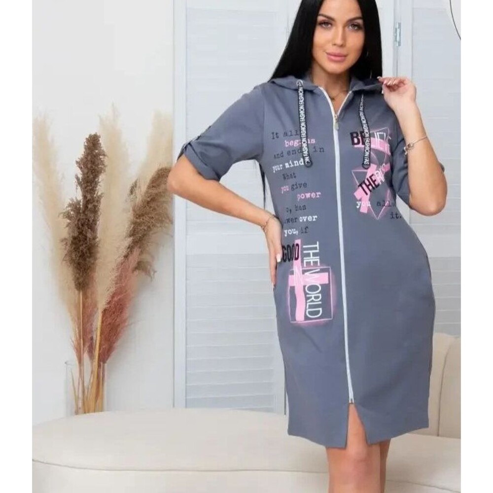 Womens S Gray Graphic Cotton Zip Front Hooded House Dress Short Sleeve Zip Robe